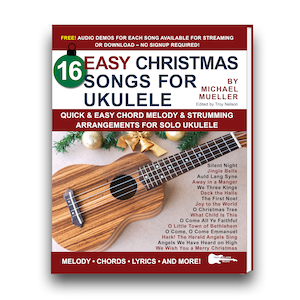 ukulele book cover with brown ukulele and Christmas decorations