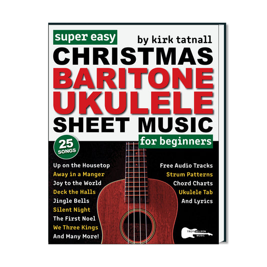 Image of Baritone Ukulele with Christmas Decorations on a Book Cover
